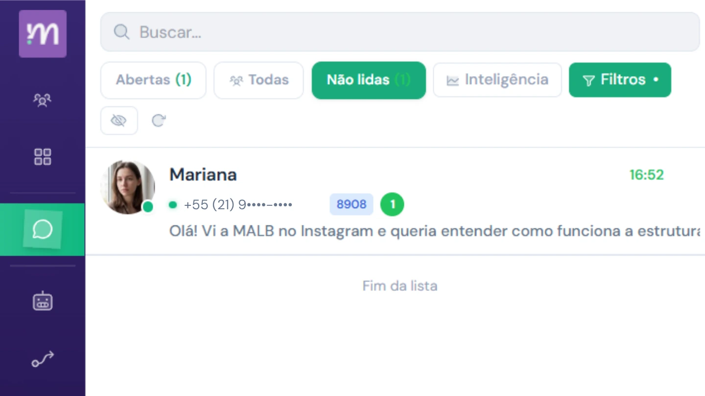 Conversa recebida no WhatsApp dentro da plataforma MALB.
